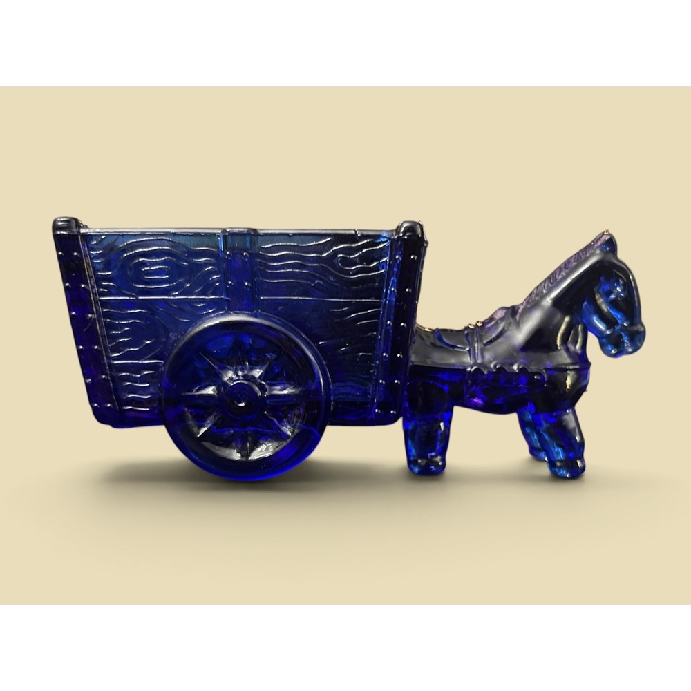 Vintage Jeannette Cobalt Blue Glass Donkey & Wood-Grain Wagon Figurine Rare Mini